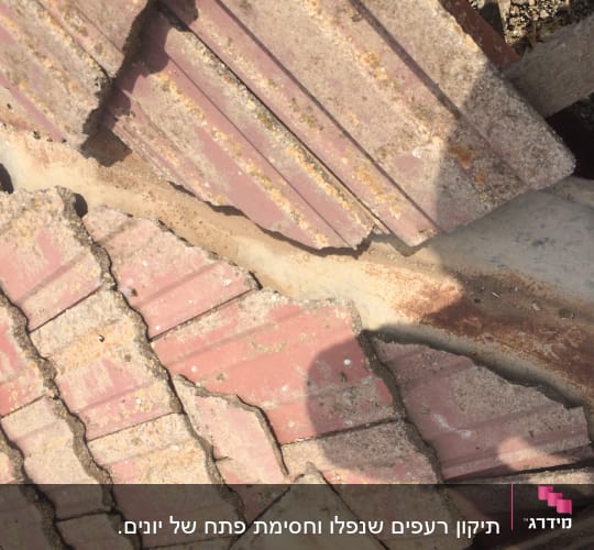 גג רעפים שבורים עם סדקים וחלודה